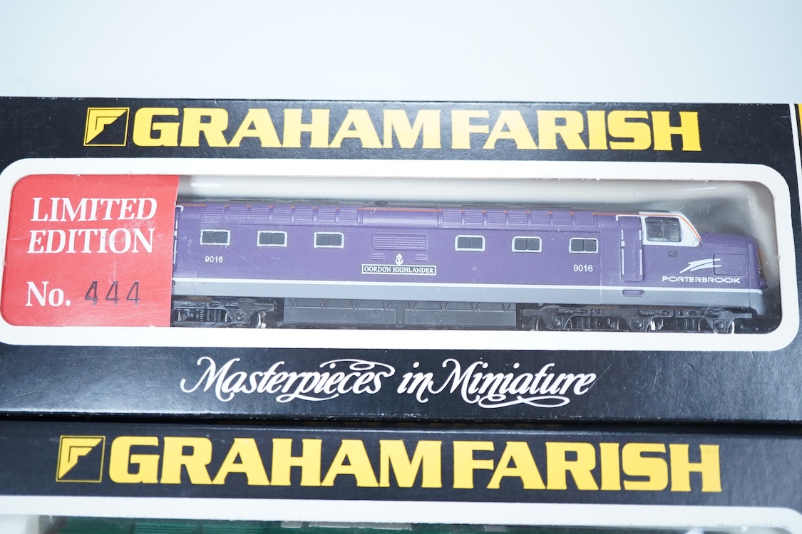Three boxed Graham Farish N gauge railway electric and diesel locomotives; a Porterbrook class 55, Gordon Highlander (LE841A), a Freightliner class 57, Freightliner Pioneer 57001 (804A), and a BR class 87, Stephenson 871